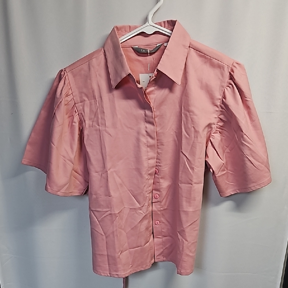 Pink Puff Sleeve Button-Up Top